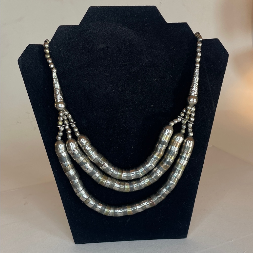 Vintage Tribal Snake Spine Coil Tube Three Strands Metallic Beads Necklace